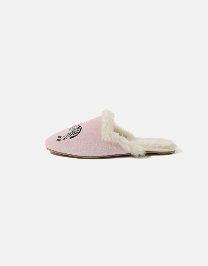 Embellished Zebra Fluffy Slippers, Pink (PALE PINK), large