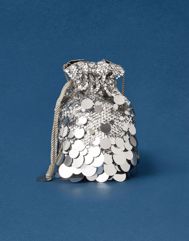Disco Sequin Drawstring Bag, Silver (SILVER), large