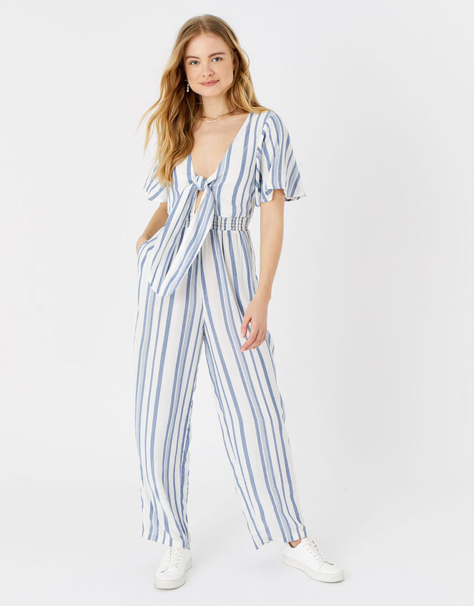 Stripe Tie Front Jumpsuit, Blue (BLUE), large