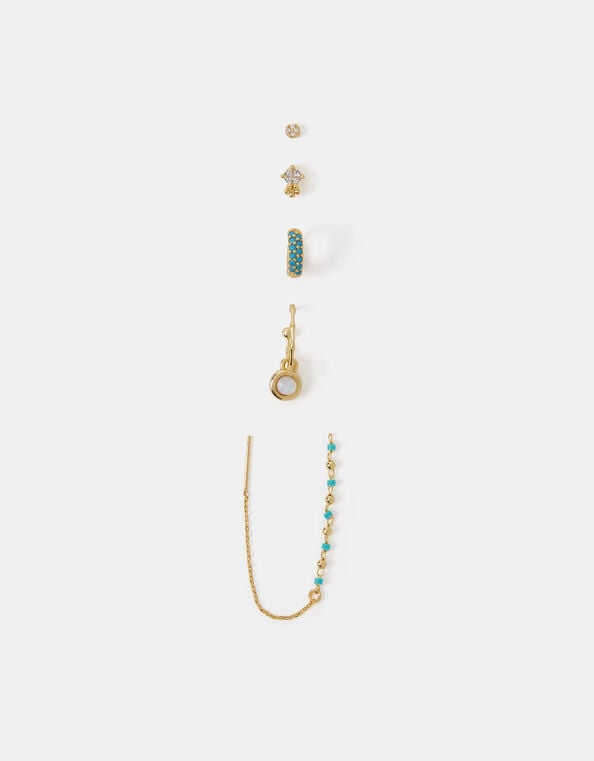 5-Pack 14ct Gold-Plated Blue Stone Stud & Hoop Earrings, , large