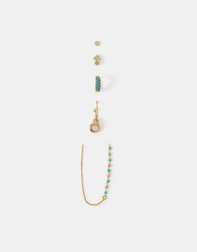 5-Pack 14ct Gold-Plated Blue Stone Stud & Hoop Earrings, , large