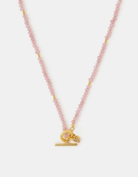 14ct Gold-Plated Healing Stone Bead T-Bar Necklace, Pink (ROSE PINK), large
