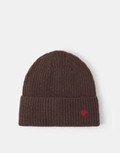 Heart Embroidered Beanie Hat, Brown (CHOCOLATE), large