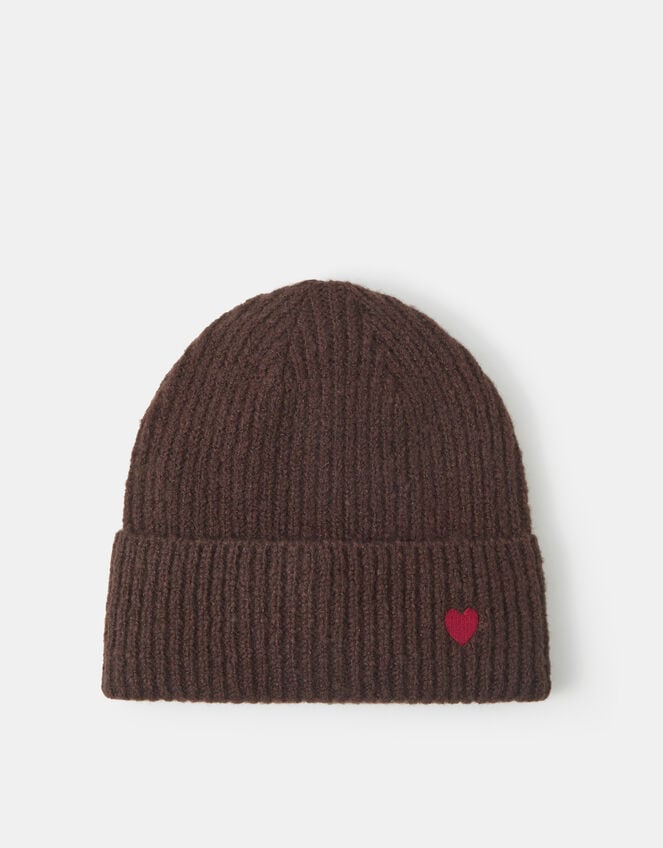 Heart Embroidered Beanie Hat, Brown (CHOCOLATE), large