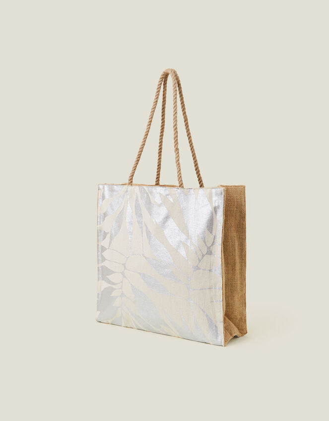 Metallic Leaf Print Shopper Bag, , large