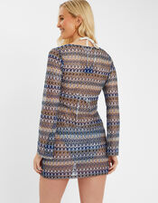 Sheer Stitch Beach Cover-Up Mini Dress, Blue (BLUE), large