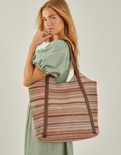 Stripe Raffia Shoulder Bag, , large