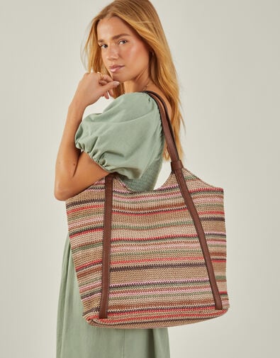 Stripe Raffia Shoulder Bag, , large