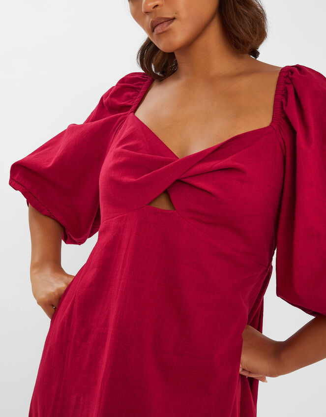 Twist Puff-Sleeve Midi Dress, Red (RED), large