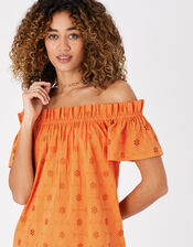 Schiffli Bardot Dress in Organic Cotton, Orange (ORANGE), large