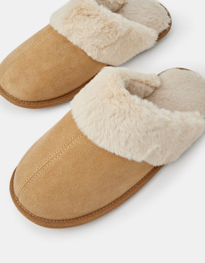 Suede Faux Fur Slippers, Tan (TAN), large