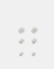 3-Pack Crystal Sterling Silver Stud Earrings, , large