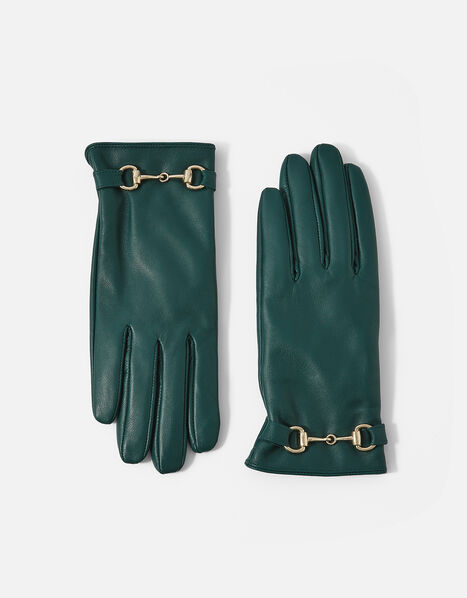 Leather Horsebit Gloves Green, Green (GREEN), large