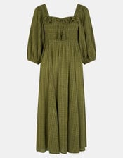 Check Puff Sleeve Smocked Midi Dress, Green (KHAKI), large
