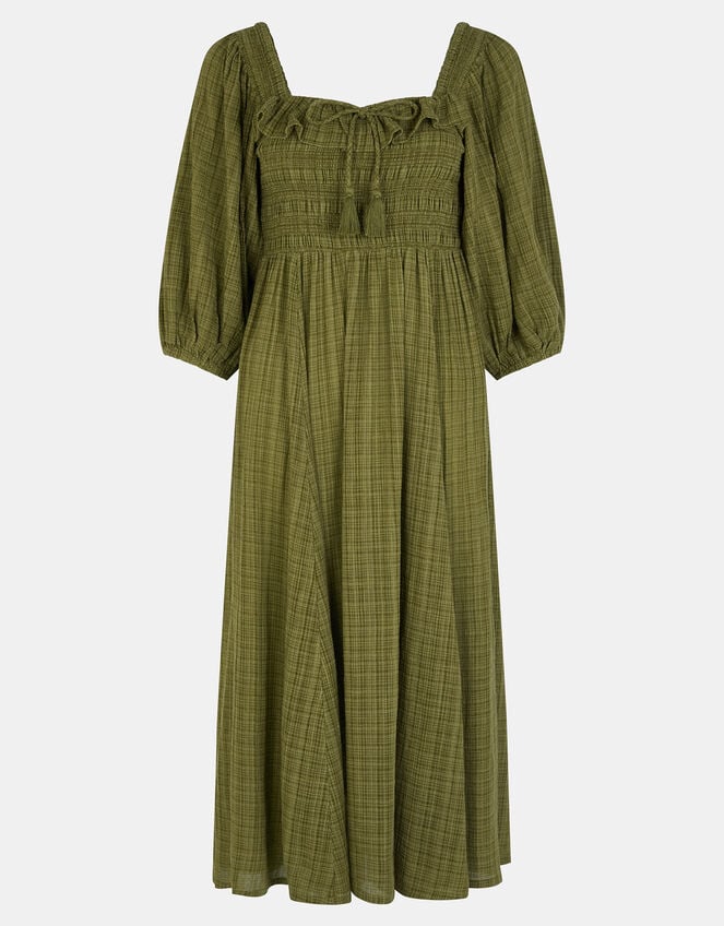 Check Puff Sleeve Smocked Midi Dress, Green (KHAKI), large