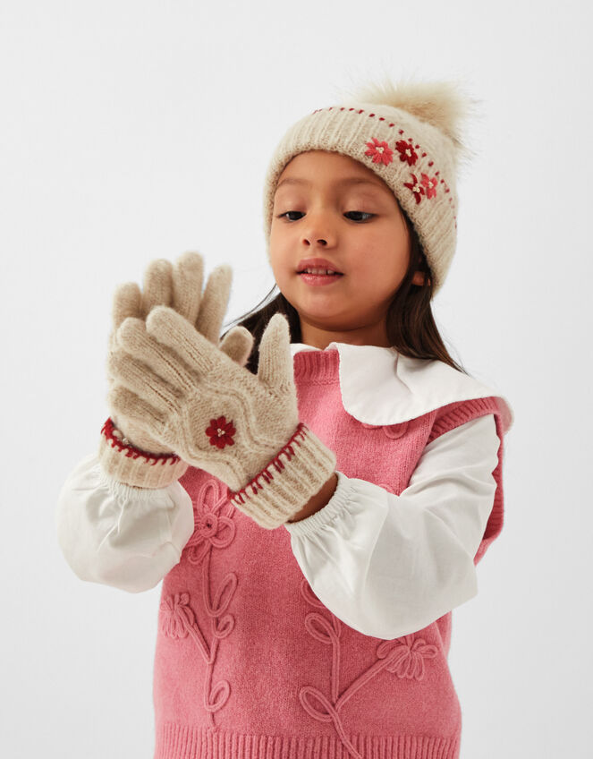Girls Flower Cable Knit Gloves, Natural (NATURAL), large