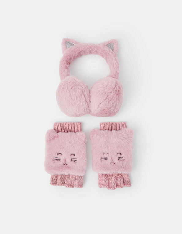Girls Cat Faux Fur Earmuffs and Gloves Set, Pink (PINK), large
