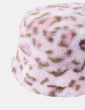 Girls Fluffy Leopard Print Bucket Hat, Leopard (LEOPARD), large