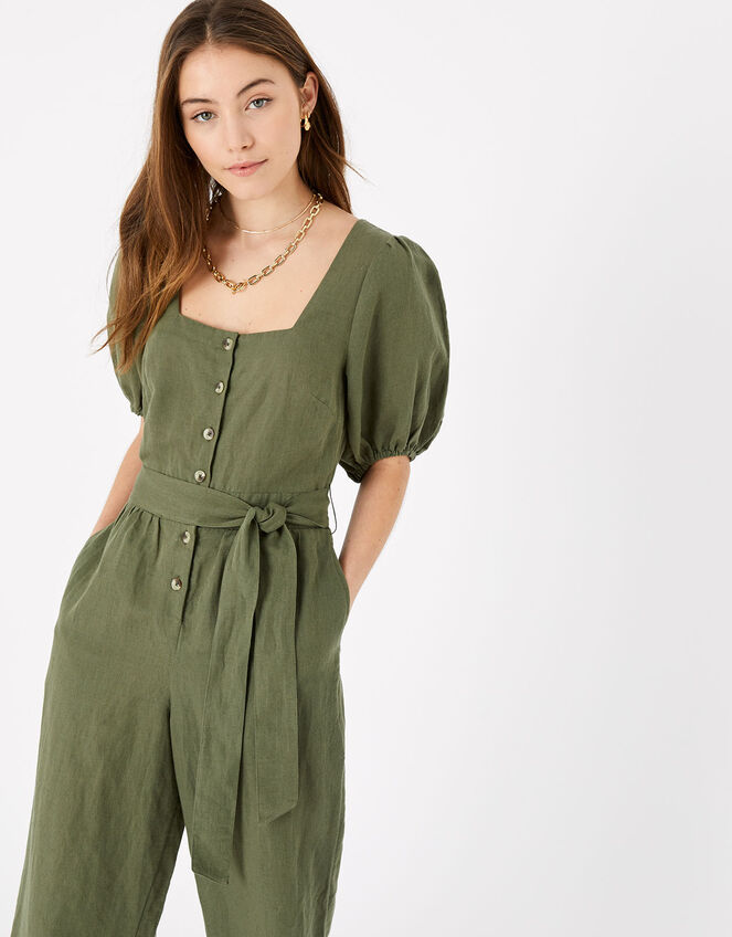 Puff Sleeve Jumpsuit in Linen Blend, Green (KHAKI), large