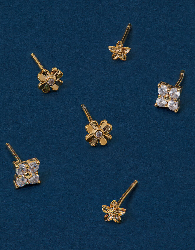 3-Pack 14ct Gold-Plated Flower Stud Earrings, , large