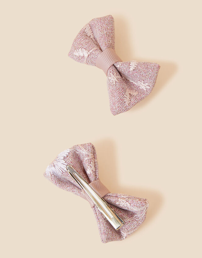 Kids Embroidered Bow Hair Clips Set of Two, , large