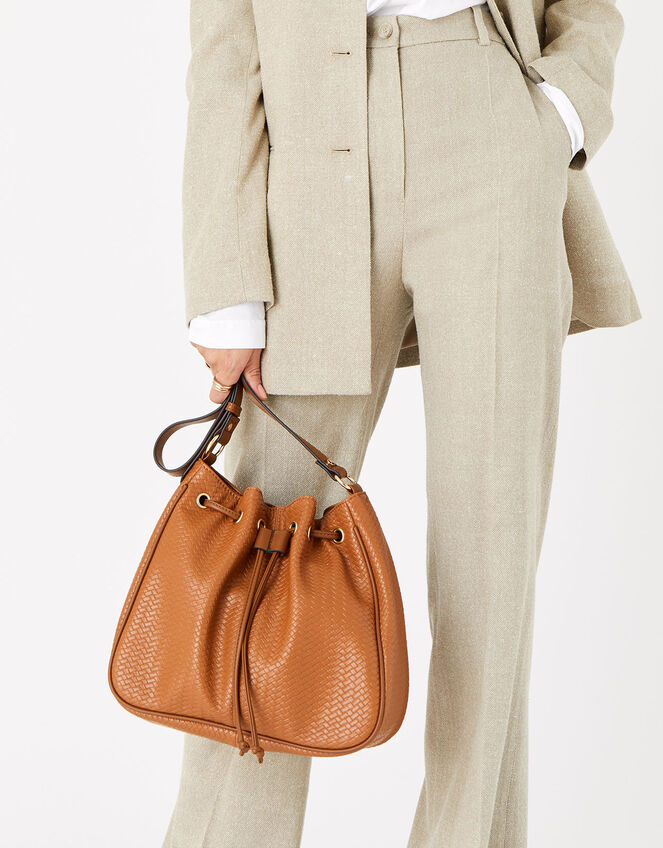 Drawstring Weave Shoulder Bag, Tan (TAN), large