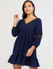 Lace Insert Smock Dress in Organic Cotton, Blue (NAVY), large