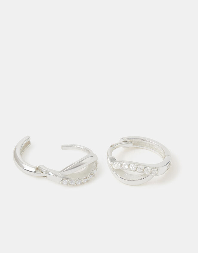 Sterling Silver Diamanté Twist Hoop Earrings , , large