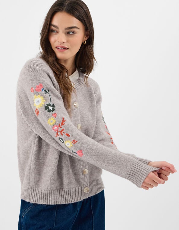 Floral Embroidered Sleeve Cardigan, Grey (GREY), large