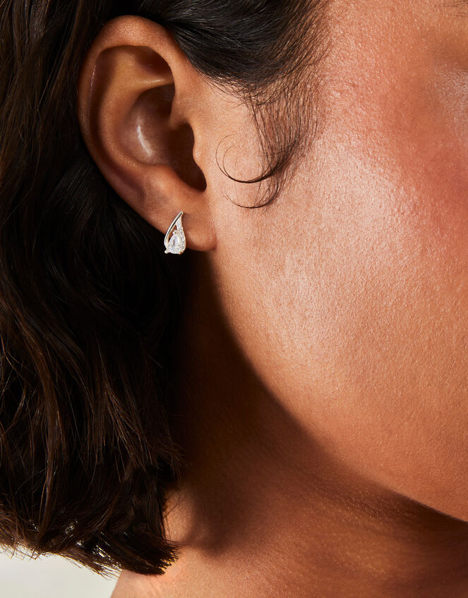 Sterling Silver-Plated Teardrop Crystal Stud Earrings, , large