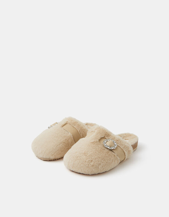 Sparkle Buckle Faux Fur Slippers, Natural (NATURAL), large