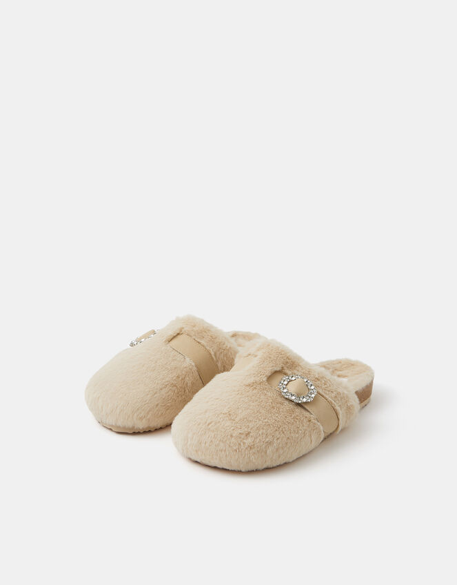 Sparkle Buckle Faux Fur Slippers, Natural (NATURAL), large