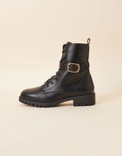 Lace Up Buckle Detail Boots, Black (BLACK), large