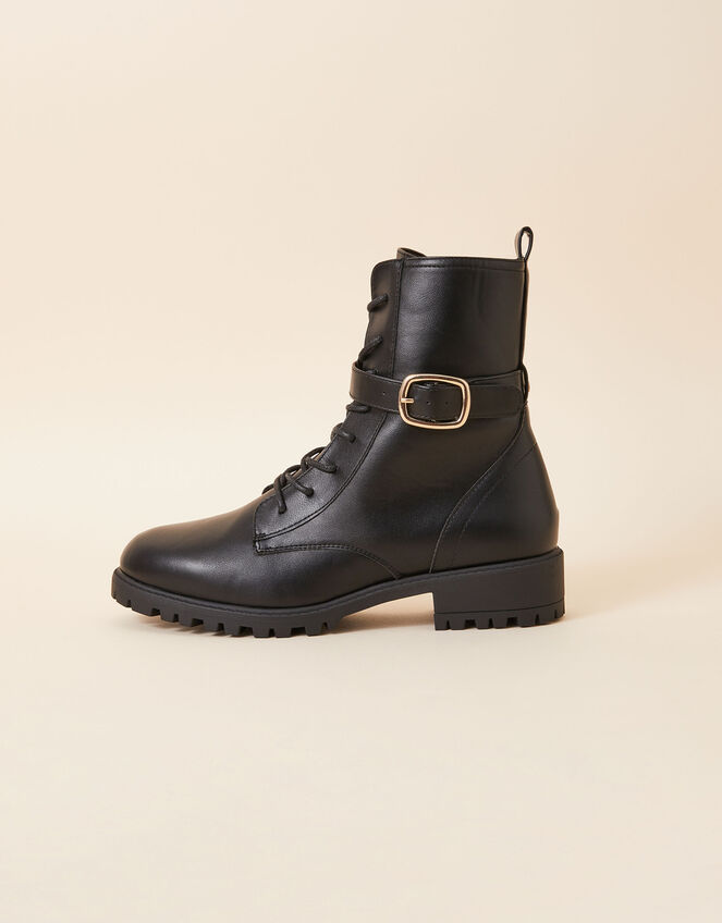 Lace Up Buckle Detail Boots, Black (BLACK), large