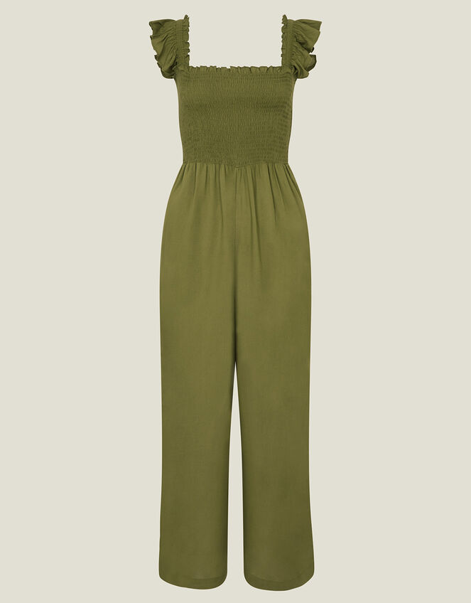 Frill Shoulder Jumpsuit, Green (KHAKI), large