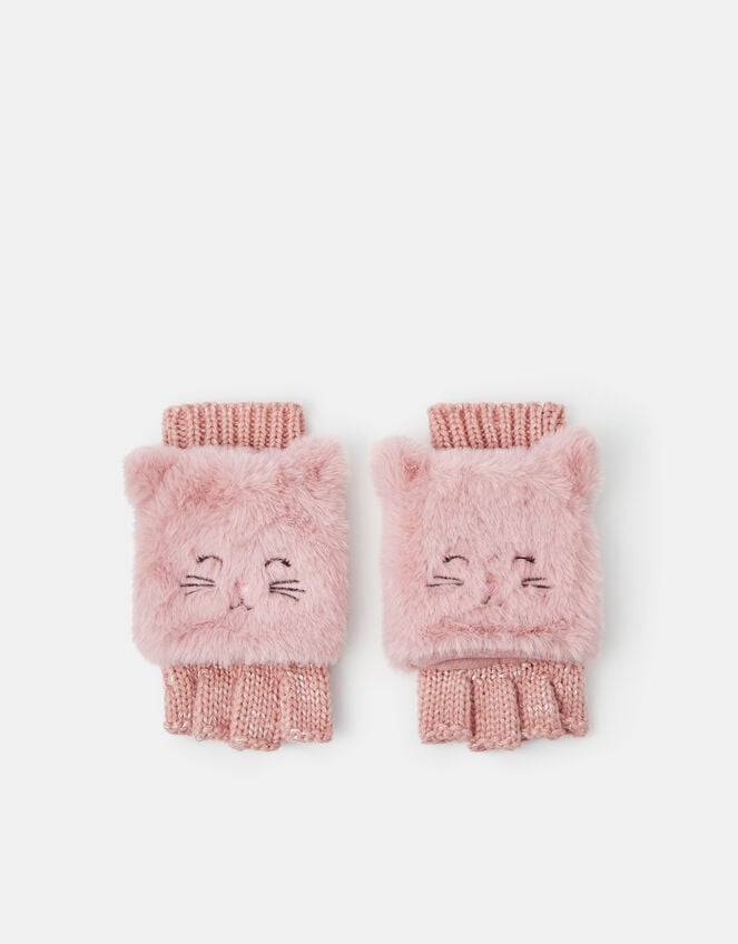 Girls Cat Fingerless Mitten Gloves, Pink (PINK), large