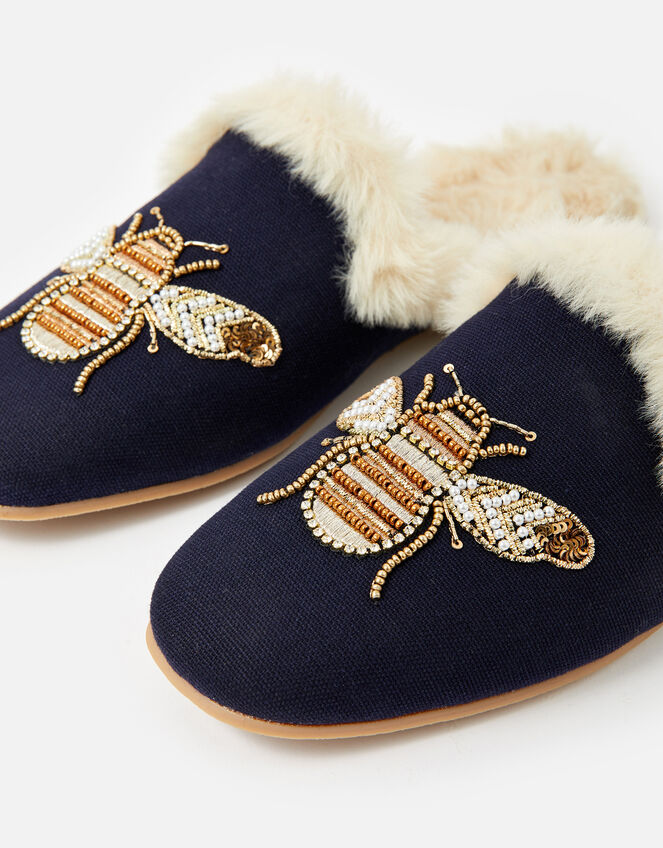 Bee Faux Fur Slippers, Blue (NAVY), large