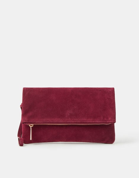 Foldover Suede Wristlet Bag, Red (BURGUNDY), large