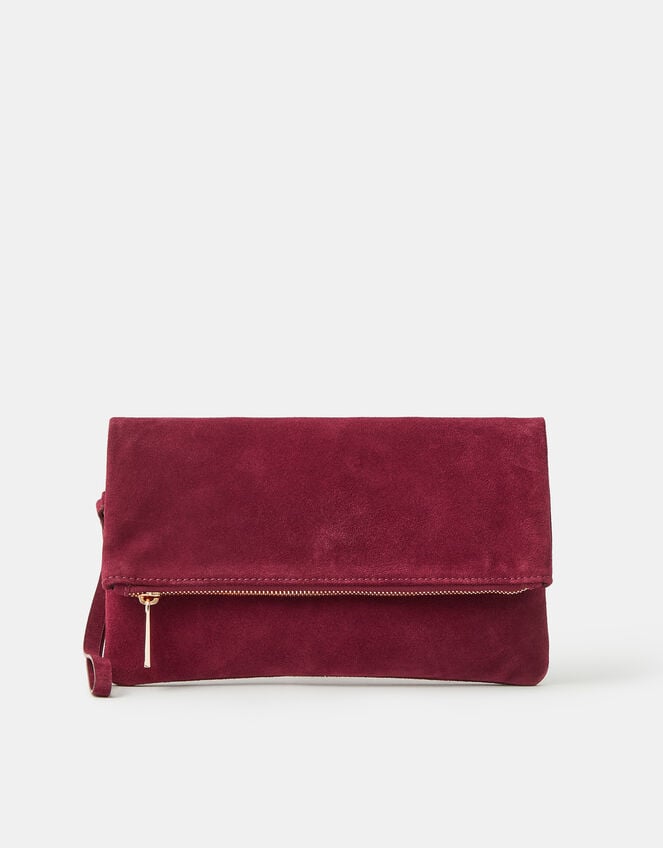 Foldover Suede Wristlet Bag, Red (BURGUNDY), large