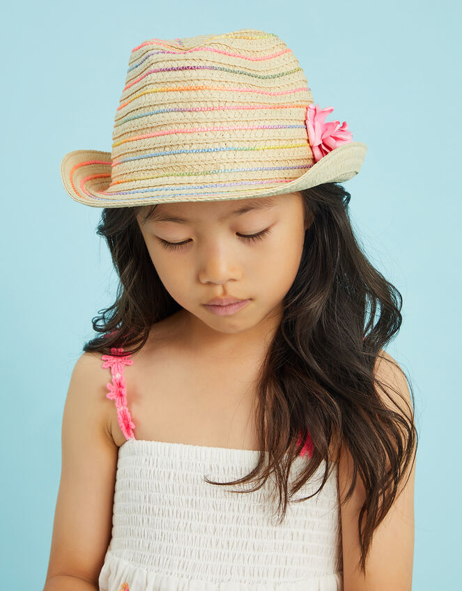 Girls Corsage Woven Trilby Hat, Multi (PASTEL MULTI), large
