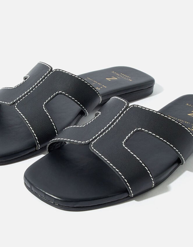 Contrast Stitch Leather Sandals , Black (BLACK), large