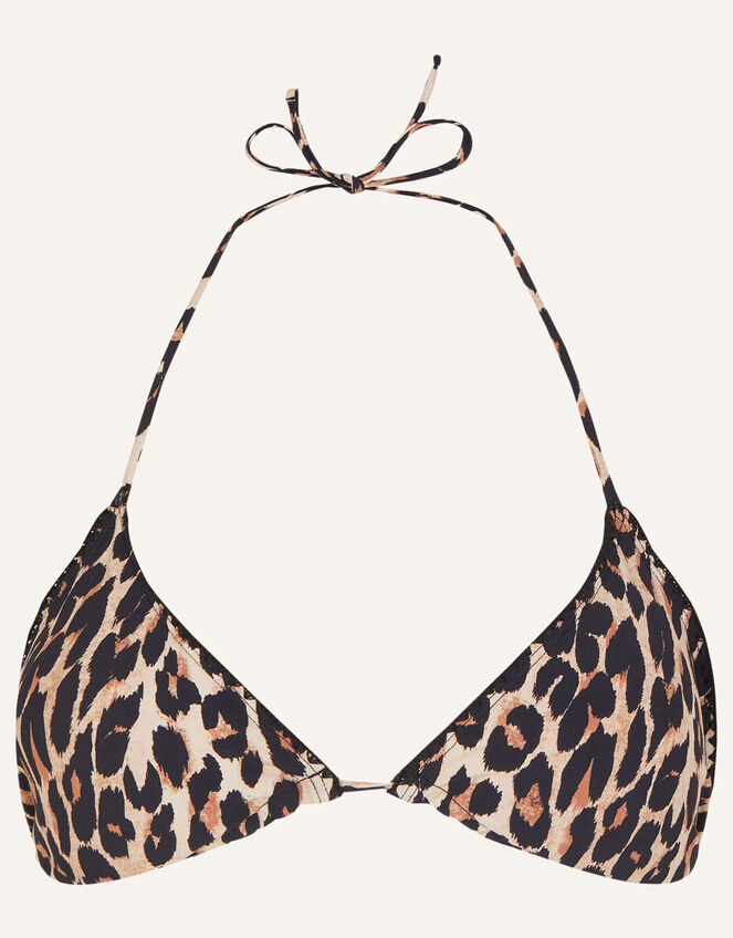 Leopard Blanket Stitch Triangle Bikini Top, Brown (BROWN), large