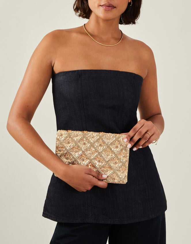 Metallic Embellished Clutch Bag, Gold (GOLD), large