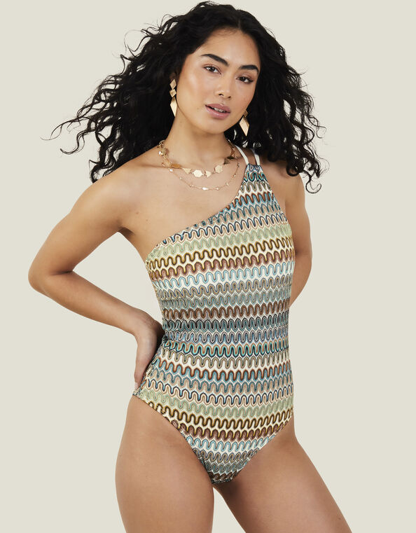 One-Shoulder Crochet Swimsuit, Natural (NATURAL), large