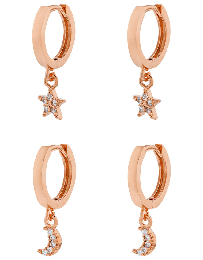 Rose Gold-Plated Star and Moon Huggie Hoop Set, , large