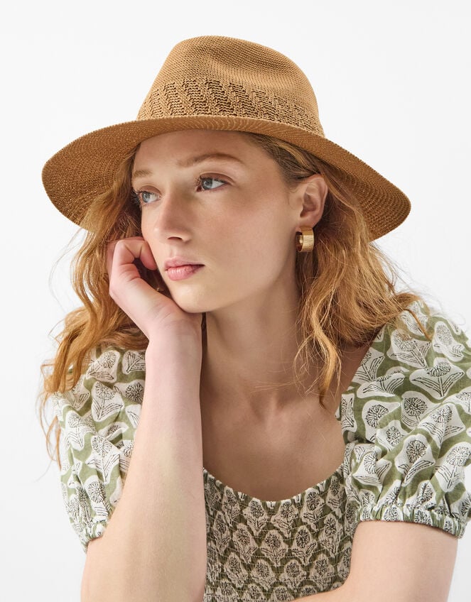 Woven Packable Fedora Hat, Tan (TAN), large