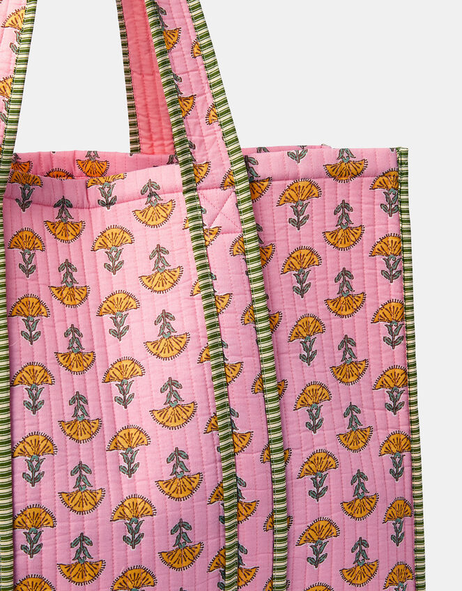 Floral Block Print Quilted Tote Bag, , large