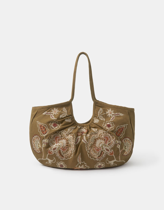 Oversized Floral Embroidered Shoulder Bag, , large