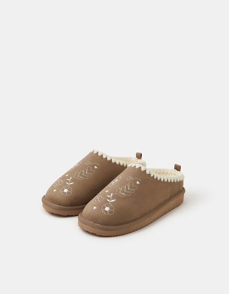 Heart Embroidered Mule Slippers, Brown (BROWN), large