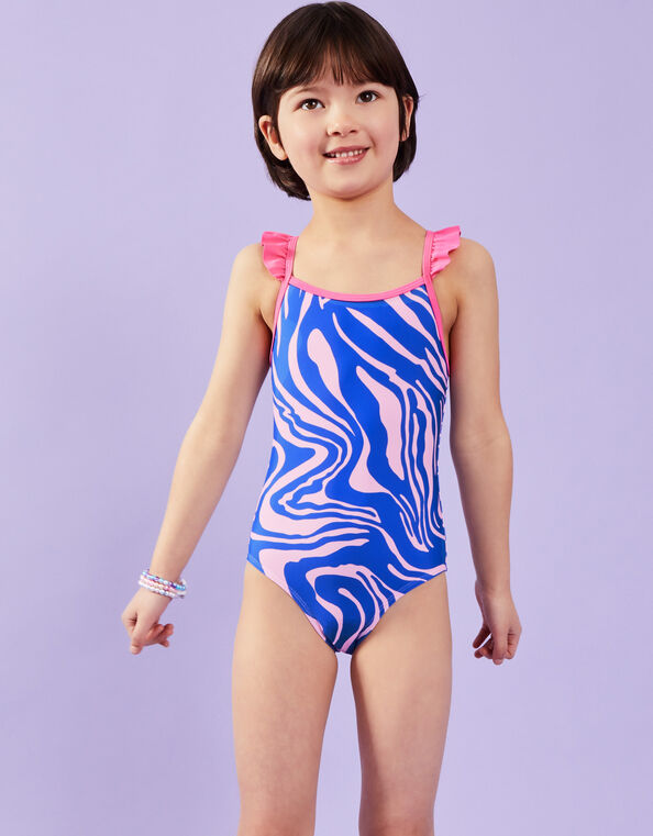 Girls Animal Print Swimsuit, Blue (BLUE), large